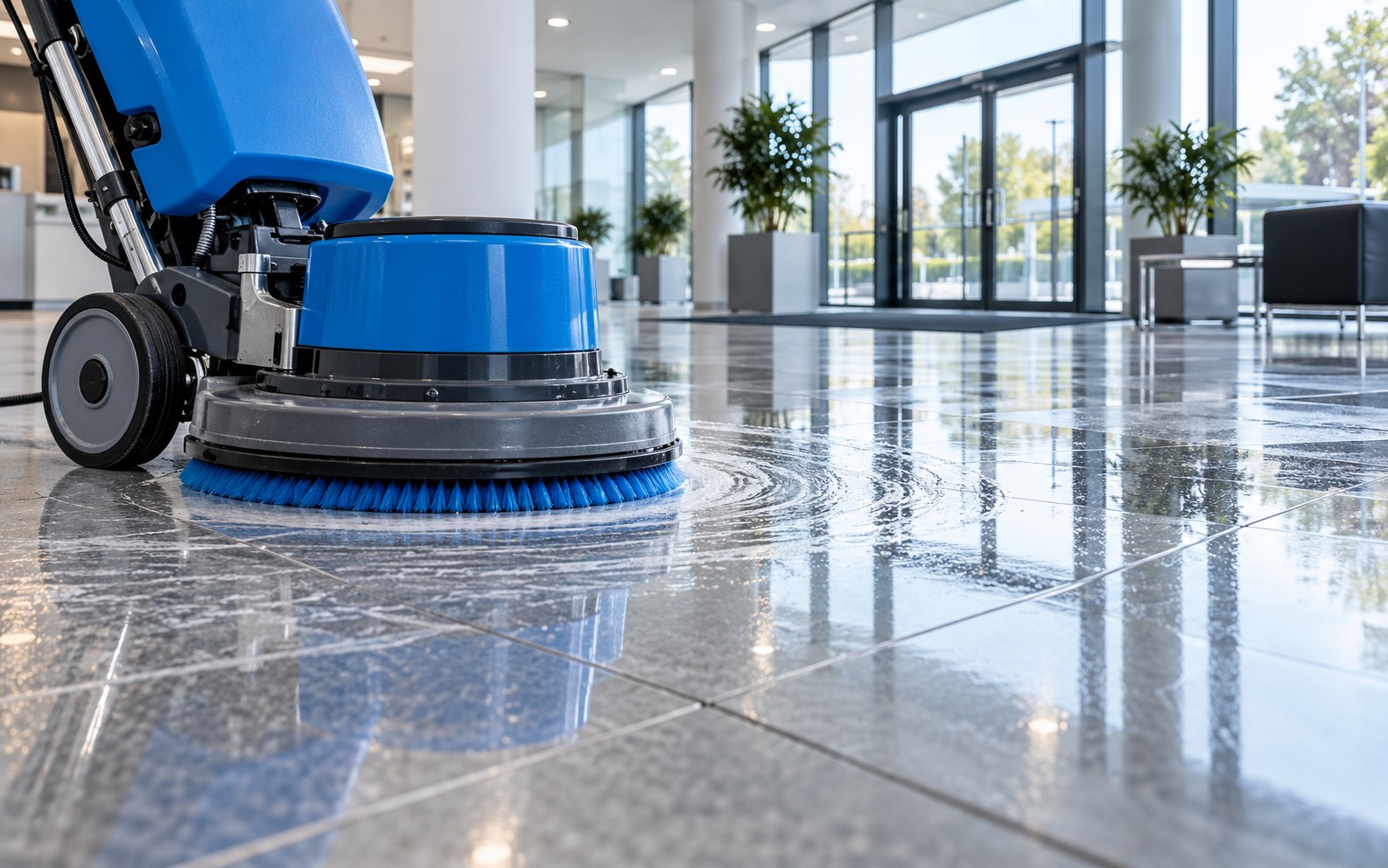 Professionelle Bodenreinigungsmaschine auf einem gepflegten Hartboden